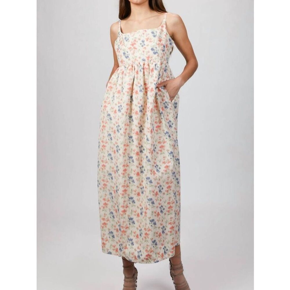 Rebecca Taylor Emma Dress Women’s Size 2 Floral Maxi Cream Blush Blue Pockets
